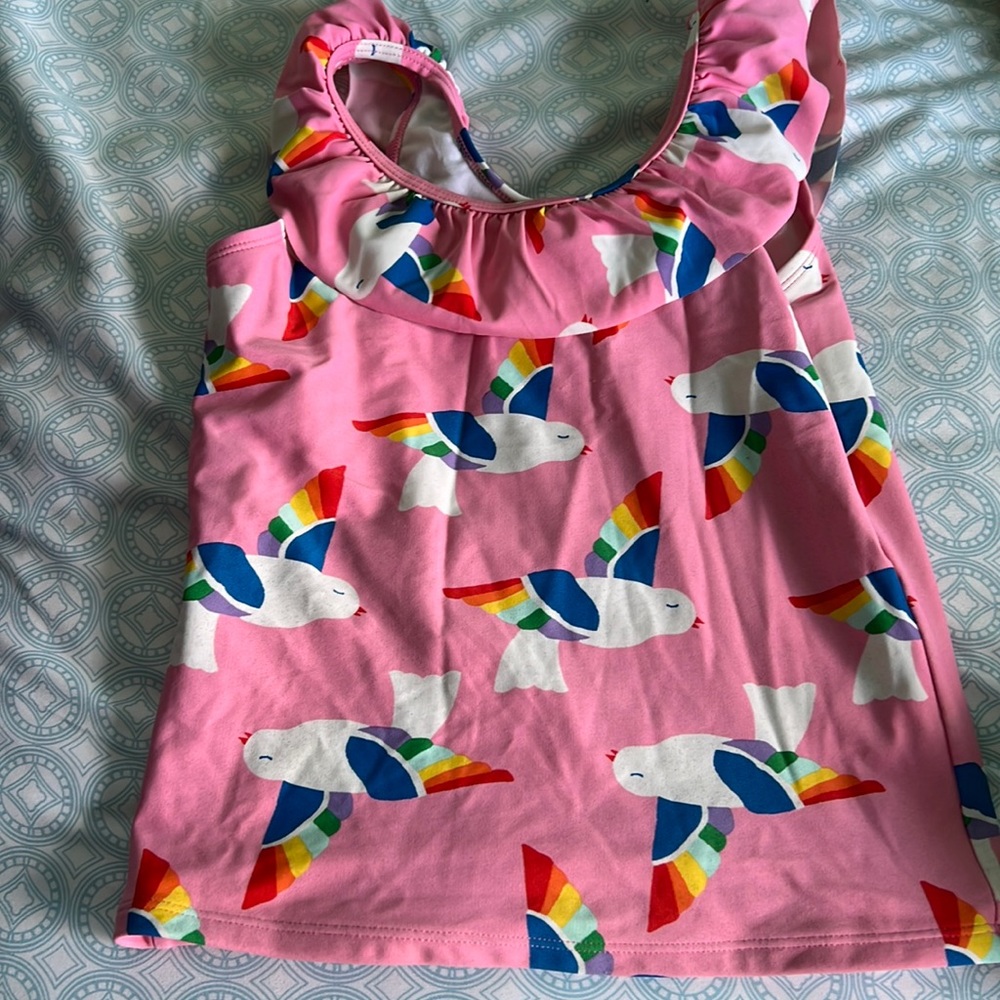 Hanna Andersson pink and rainbow bird bathing suit top size 10